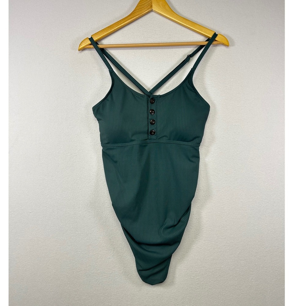 Summer Mae One Piece Swimsuit Womens Large Green Ribbed Henley Cross Back Strap